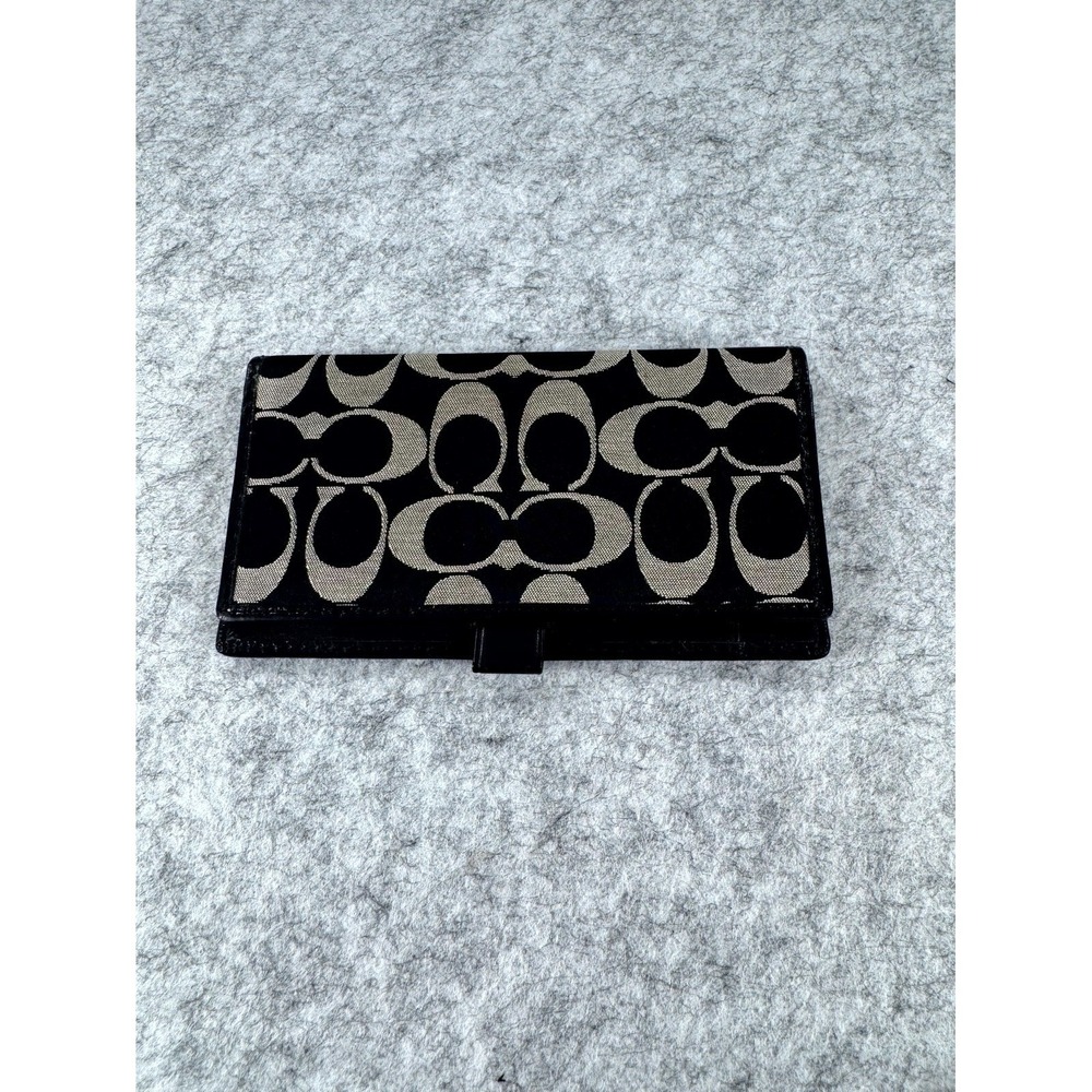 Coach Signature Jacquard Checkbook Cover Holder Women's Black Khaki Canvas
